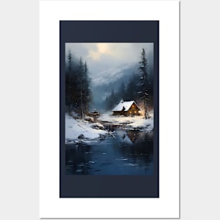 cozy winter nights - cabin by the lake Posters and Art